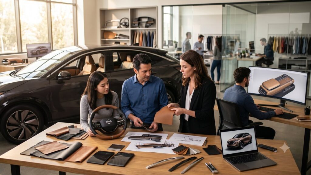Современный интерьер премиального автосалона Nissan с демонстрацией автомобилей в теплом естественном освещении