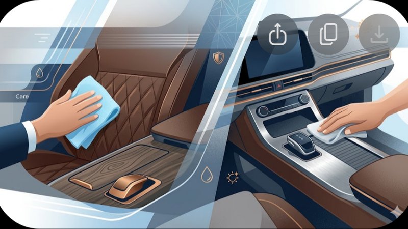 Современная иллюстрация интерьера автомобиля Nissan в премиальной комплектации для статьи об уходе за материалами