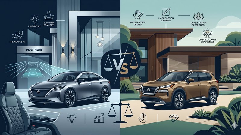 Современная иллюстрация премиальных комплектаций автомобилей Nissan Platinum и Exclusive в минималистичном стиле для блога